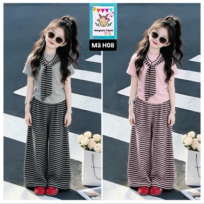 (Mã H08) [14-45kg] Set bộ Quần Dài Kẻ và Áo Kèm Khăn Quàng cho bé gái vô cùng cá tính và đáng yêu