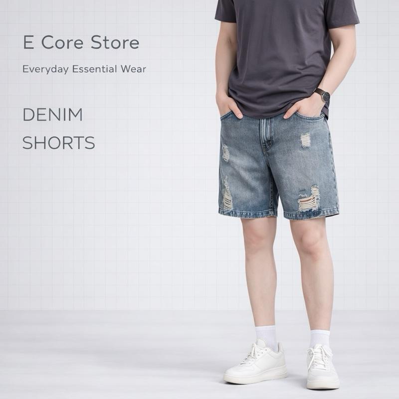 Có Bigsize Quần Short Jean Nam 4 Màu WASH Xanh Đen Trắng Be RETRO Quần Đùi Bò Short Nam Ống Rộng Form Ngắn Trên Gối E Core Store