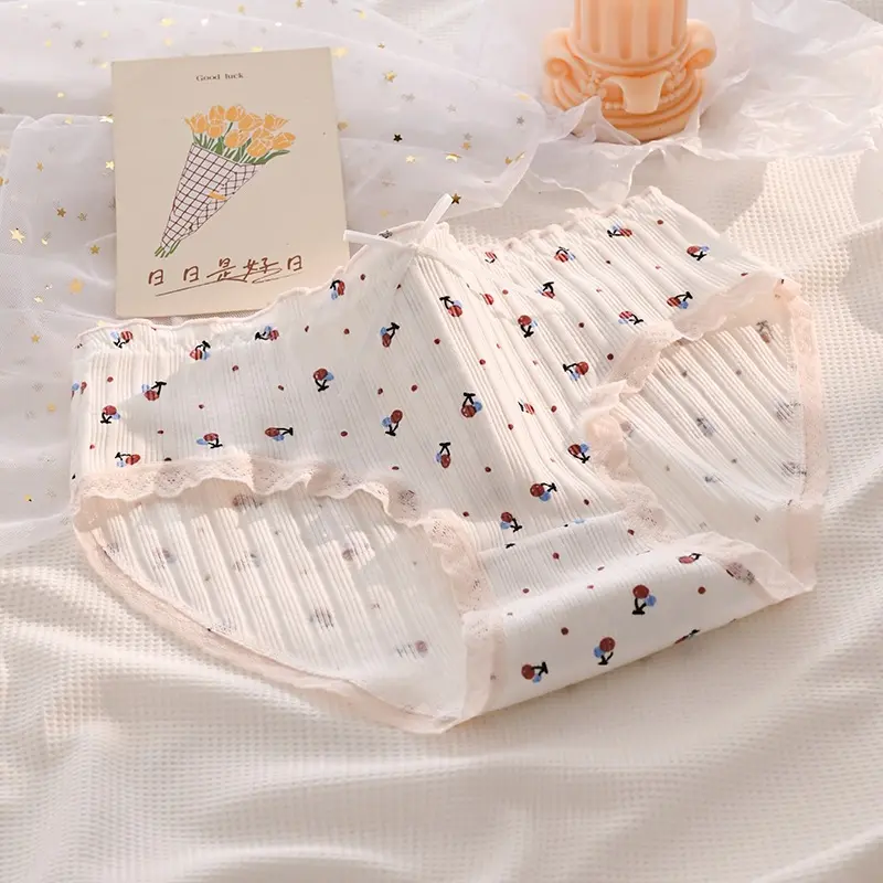 MoodStyle // CD1590 Cd Elastis Motif Pita Strawberry Celana Dalam Warna Pink Putih Bahan Katun Wanita Segitiga Mid Waist Sutra Briefs Cewek Cantik Bunga 6