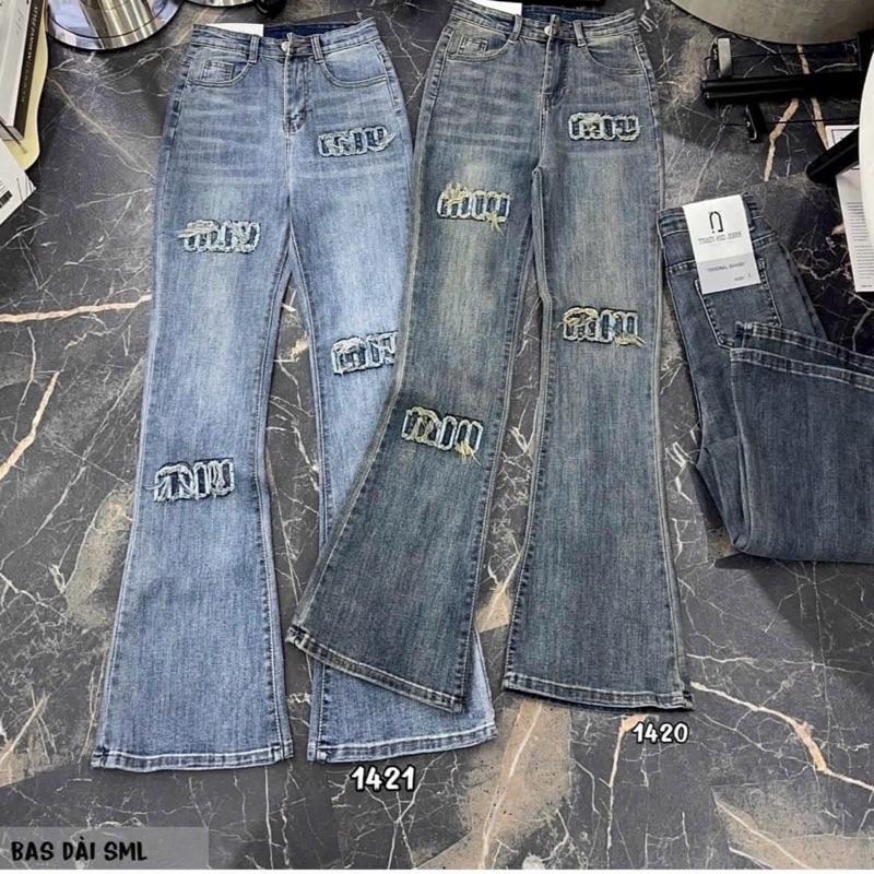 Quần jean loe dài thêu miu xù chất liệu co giãn 2