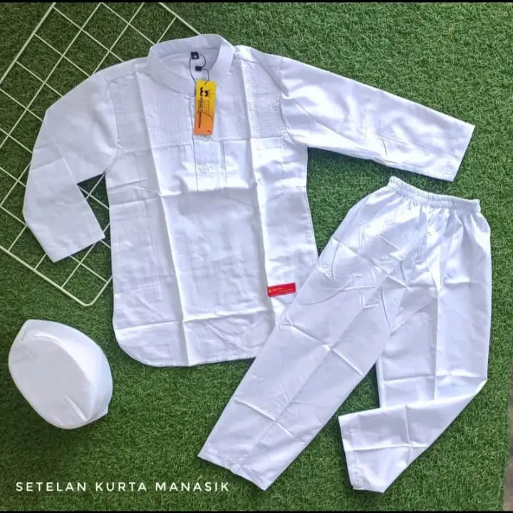 M2- PROMO SETELAN KOKOH KURTA PUTIH SETELAN KOKOH MANASIK HAJI ANAK LAKI LAKI Baju Celana Muslim Katun Peci 3