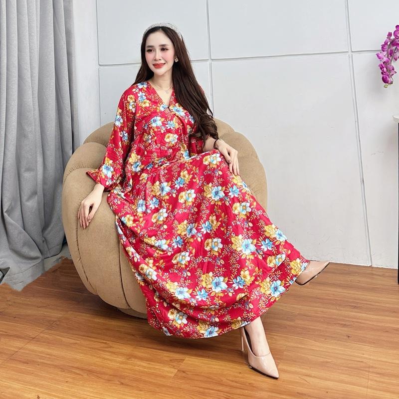 Daster Yuri Motif Bunga Kekinian Busui Leher V  Neck Daster Midi Viral Terbaru Rayon