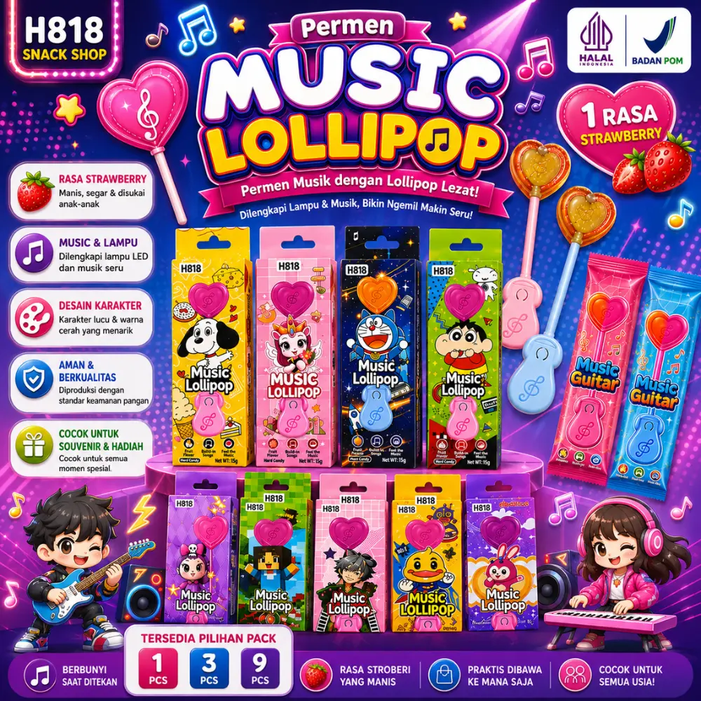 Terlaris  Lollipop Musik Halal Permen Rasa Stroberi Anggur Apel Mainan Musik Anak