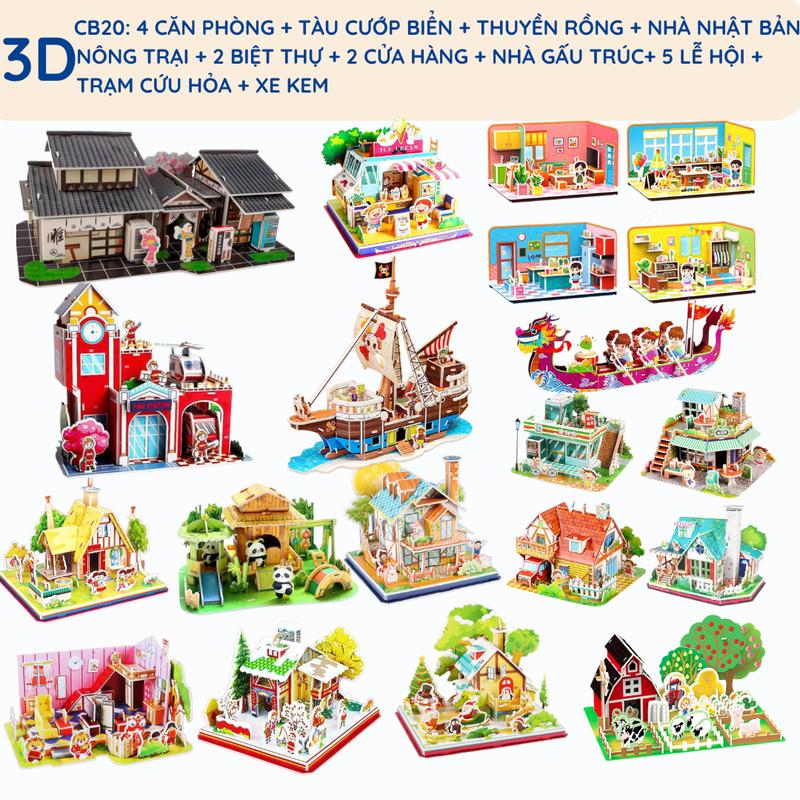 Combo 20: 4 Căn Phòng + 2 Biệt Thự + 2 Cửa Hàng + 5 Lễ Hội + Nhà Nhật + Nhà Gấu Trúc + Thuyền Rồng + Tàu Hải Tặc + Nông Trại + Xe Kem + Trạm Cứu Hỏa - Đồ chơi lắp ráp mô hình 3D Bộ Lắp Ráp Tháo Lắp