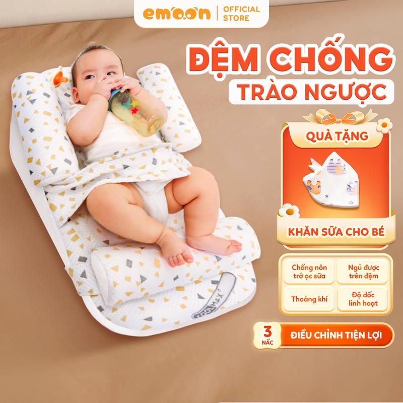 Đệm Chống Trào Ngược 15-30 Độ, Gối Ngủ Cho Bé Emoon Cao Cấp có gối chặn kèm đai…