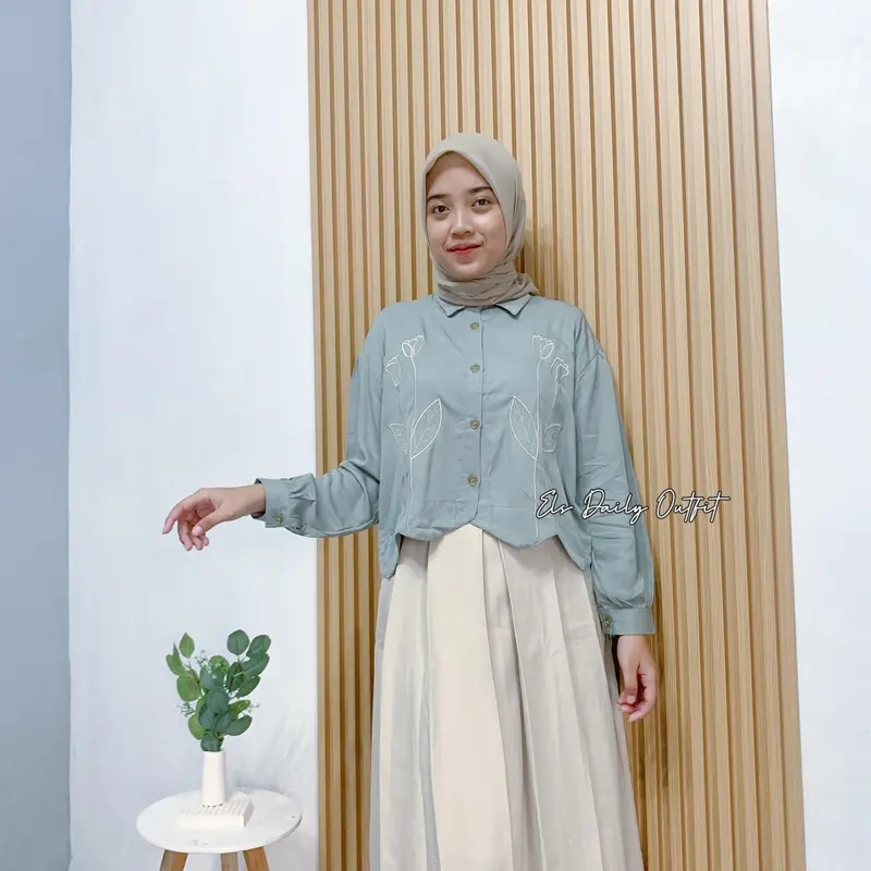 Camary Flower Shirt Kemeja Rayon Twill Bordir Bunga Atasan Wanita Crop Lengan Panjang OOTD Remaja Dewasa Kekinian 6