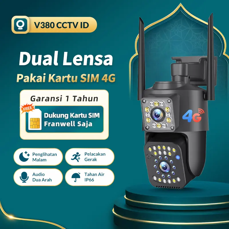 COD V380 V6-4G Pakai SIM Card Outdoor Dual Lens HD 8MP Anti Air CCTV Camera Penglihatan Malam Lensa Ganda Kamera keamanan Audio Dua Arah