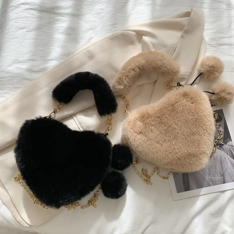 [luckydino] Tas Wanita Love Pegangan Bulu Pom-Pom Lembut Tas Lucu Lembut Cute Love Bag Tas Unik Berkualitas Korean Style