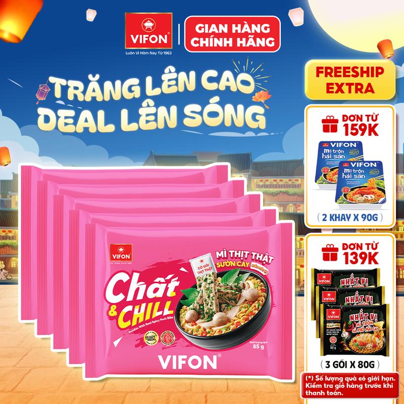 Set 5/10 Gói Mì Thịt Thật Sườn Cay Chất & Chill VIFON 85gr Đậm Vị, Tiện Lợi