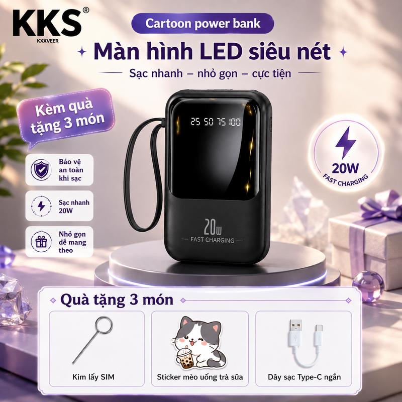 KKS2026 Sạc dự phòng 20000mAh tích hợp 4 dây sạc đa năng, hỗ trợ Lightning, Type C, Micro USB, dung lượng lớn dùng lâu, sạc tiện lợi nhiều thiết bị, thiết kế nhỏ gọn, phù hợp iPhone Android, đi làm, du lịch và công tác.