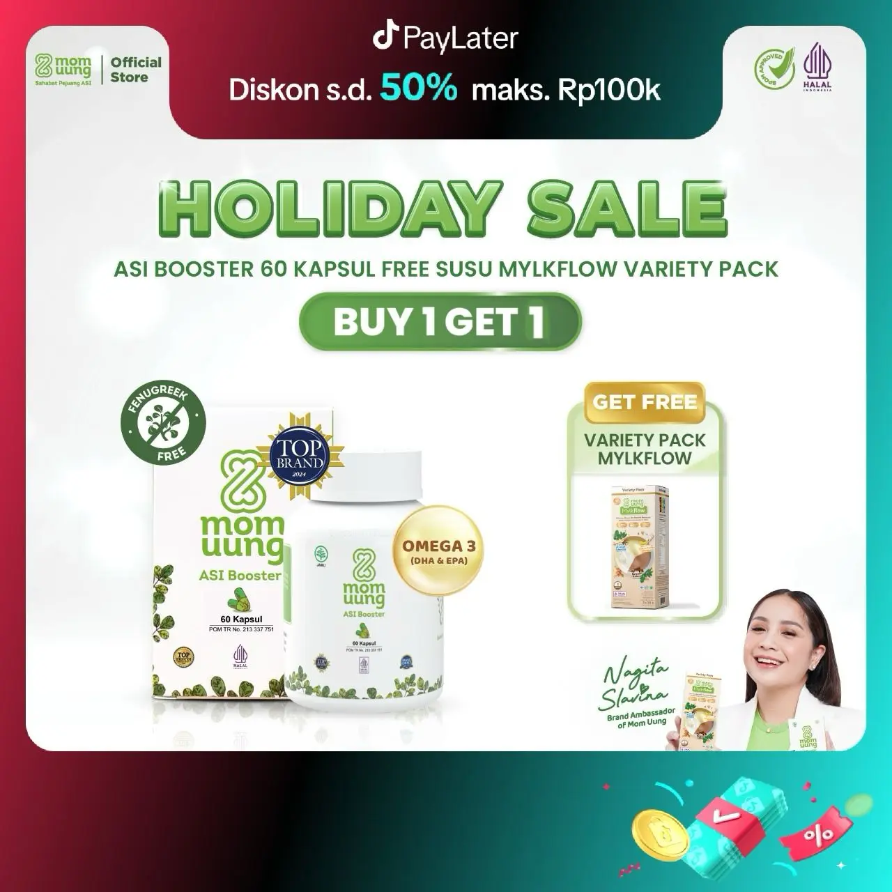 [HOLIDAY SALE] BUY 1 GET 1 Mom Uung ASI Booster 60 Kapsul FREE Susu Mylkflow Variety Pack (3 Sachet Mix) - Pelancar ASI dengan Daun Kelor, Ikan Gabus, Daun Katuk - Halal & Bpom