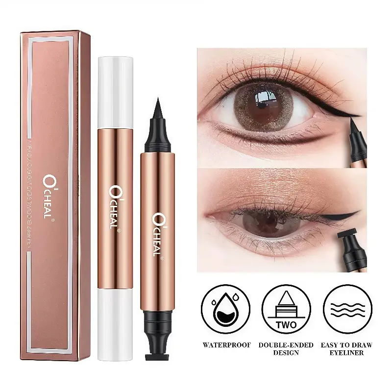 [Double-head design] 12-hour long-lasting eyeliner that does not smudge, stamp end + ultra-fine pen tip, waterproof and sweat-proof one-stroke eyeliner