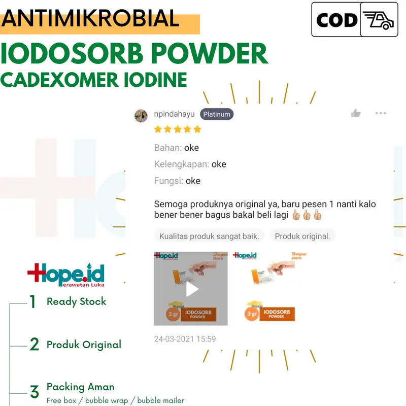Antiseptik Luka Iodosorb Powder Cadexomer Iodine 0,9% - Bubuk 3gr - Harga per Bungkus 3