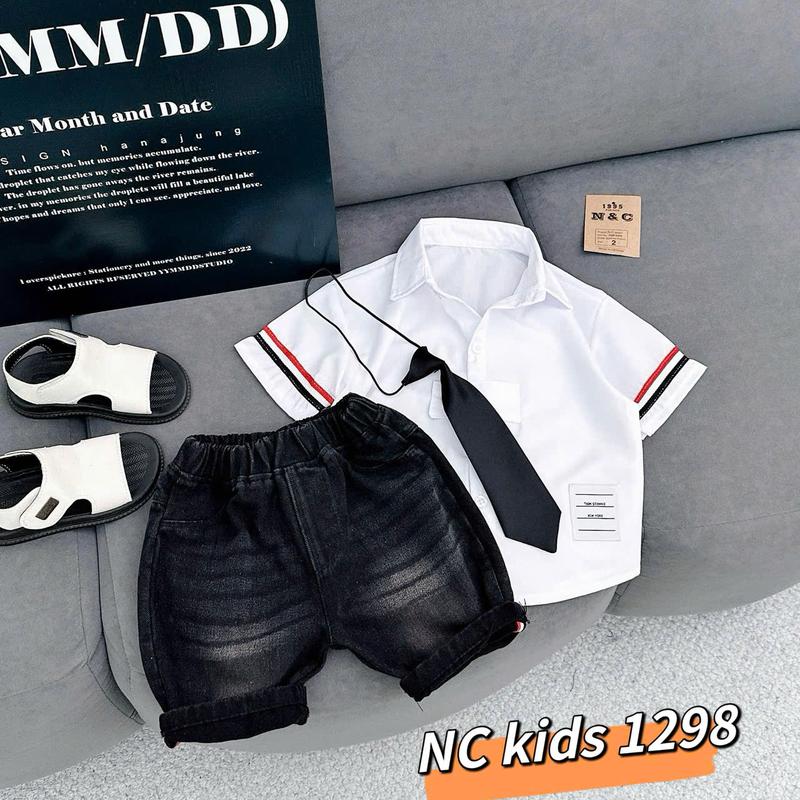 9-28kg Sét sơ mi trắng cotton mềm mại kèm cavat cho bé trai t quần jean đen phong cách thời trang hiện đại chất liệu cotton bền và dễ giặt phù hợp bốn mùa