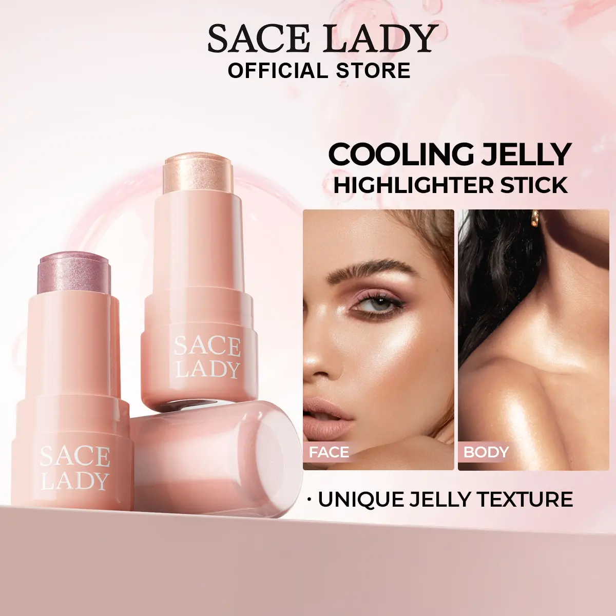 SACE LADY Jelly Highlighter Makeup Stick Texture Facial Highlighter Watery Radiant Lasting Glowing Beauty Face Makeup Cosmetic