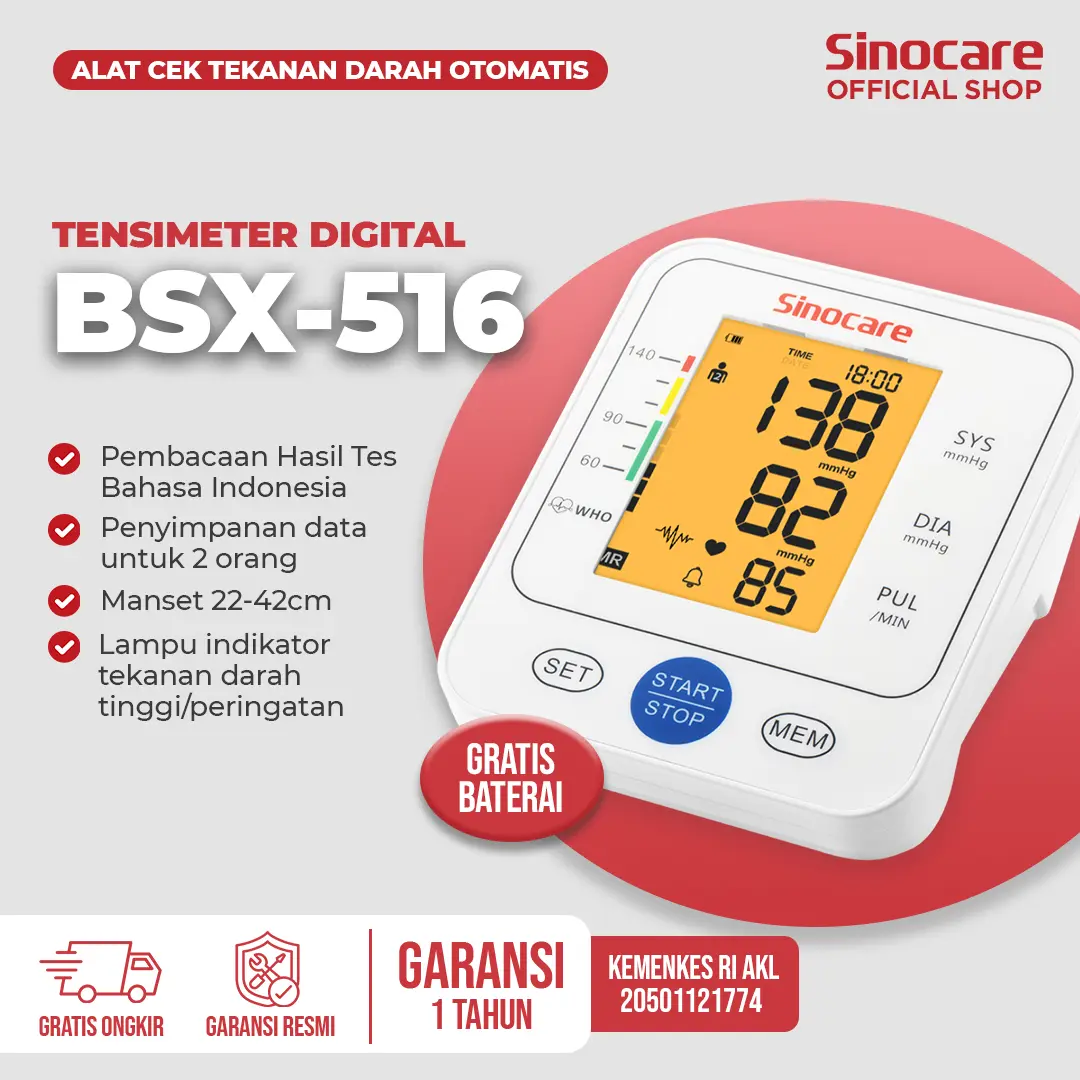 Tensimeter Digital BSX-516 Sinocare - Pengukur Tekanan Darah Otomatis (Bahasa Indonesia) - Blood Pressure Monitor tensimeter  digital