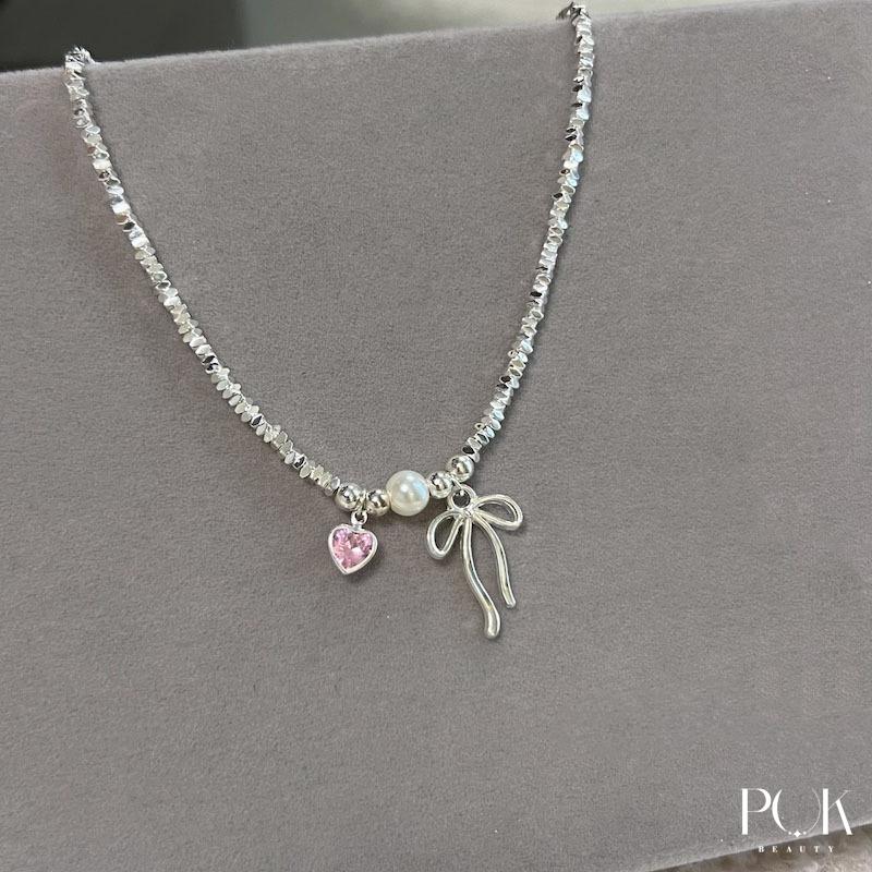 Dây chuyền Nữ, Vòng cổ Thiết Kế Lấp Lánh Trái Tim Màu Hồng Có Nơ, Được Làm Bằng Thép Titan Chống Gỉ, Phong Cách Ngọt Ngào, Dễ Thương Và Tinh Tế, Phụ Kiện Thời Trang Thích Hợp Cho Bé Gái, Lý Tưởng Làm Quà Tặng Sinh Nhật Và Kỷ Niệm, Dây Chuyền Chain