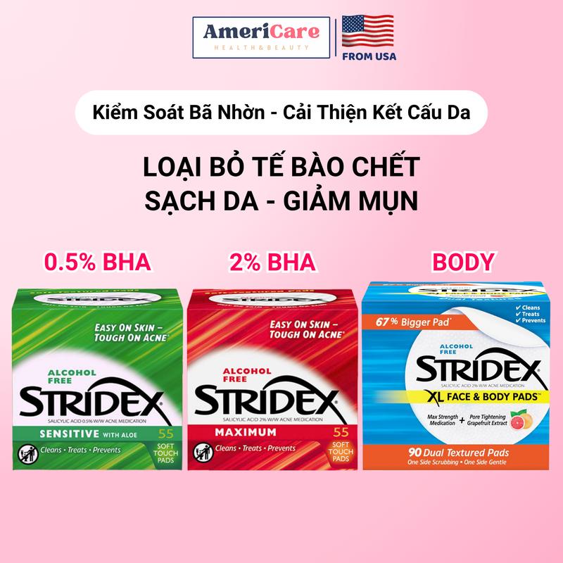 Miếng lau toner pad Stridex chứa BHA giảm mụn viêm đầu đen sợi bã nhờn cải thiện kết cấu da BHA 0.5%-1%-2% Americarevn Bill Mỹ chính hãng