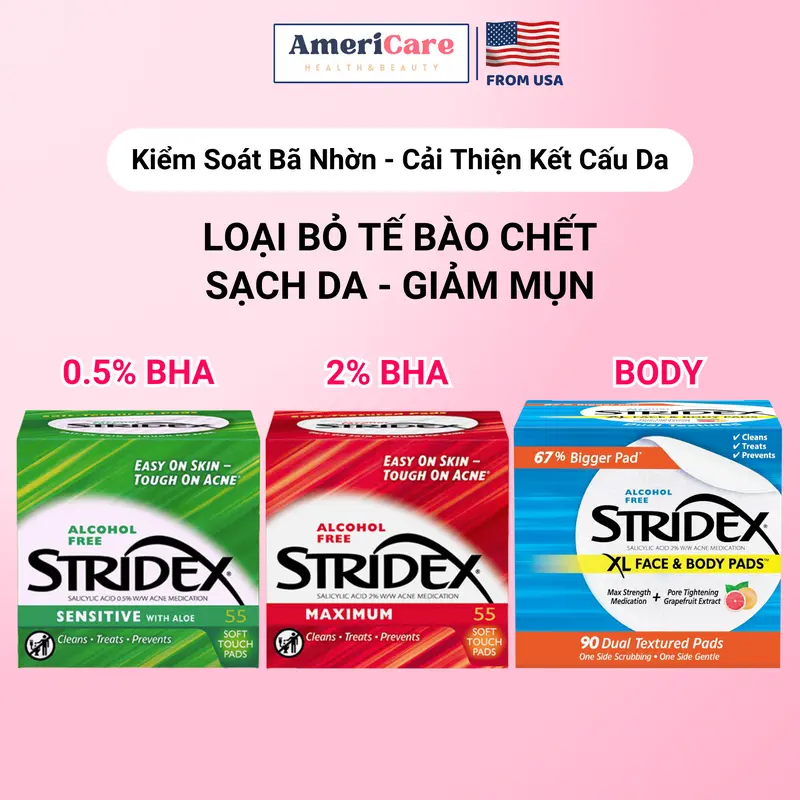 Miếng lau toner pad Stridex chứa BHA, giảm mụn viêm, đầu đen, sợi bã nhờn, cải thiện kết cấu da BHA 0.5%-1%-2%, Americarevn, Bill Mỹ chính hãng 0
