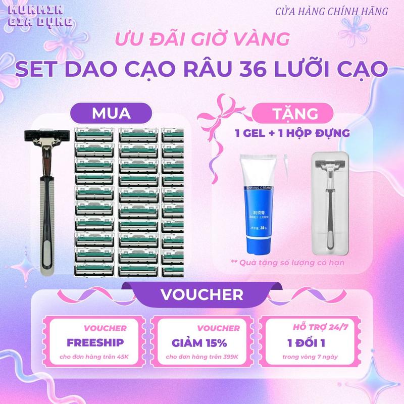 SET DAO CẠO RÂU 36 LƯỠI THAY + TẶNG 1 THÂN CẠO + TẶNG 1 GEL MỀM RÂU