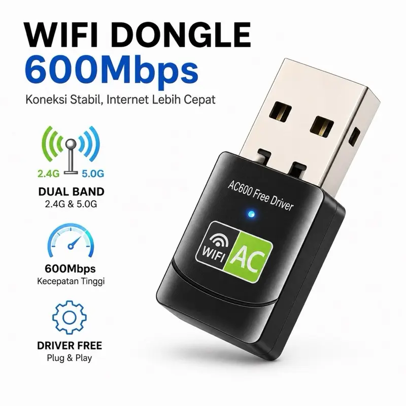 Dongle WiFi USB Dual Band AC600 600Mbps Driver Free Untuk PC Laptop Plug And Play