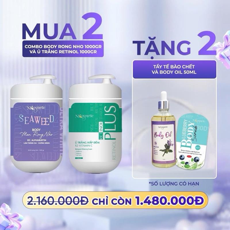 [Mua 2 Tặng 2 ] Kem 1Kg Body Men Rong Nho và Kem 1Kg Ủ Trắng Retinol Plus kèm 1 Body Oil 50ml và 1 Tẩy Tế Bào Da Việt Quất