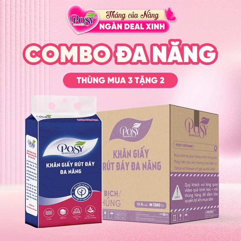 POSY [DEAL 3+2 ] Nhận ngay 5 bịch khăn Giấy Đa Năng Size TO, Treo Tường Rút Đáy 1280 Tờ 4 Lớp,320 Lượt Rút An Toàn Lành Tính Mềm Mịn Thấm Hút Tốt Dễ Phân Hủy Thân Thiện Với Môi Trường