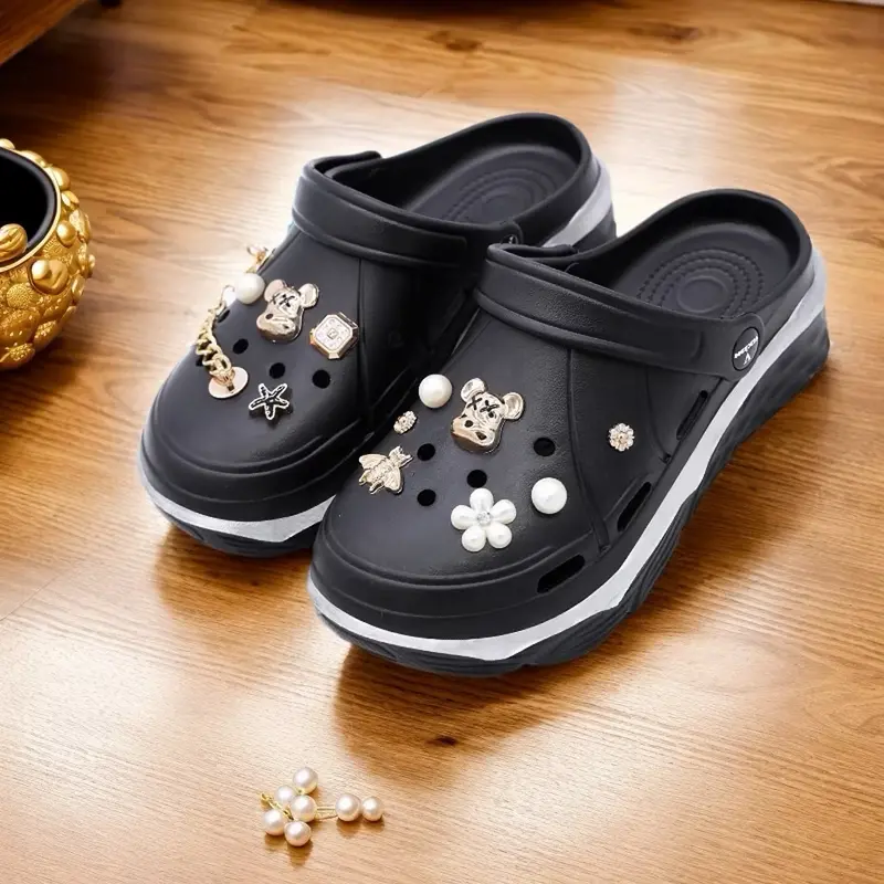 ￼BOZЄЄ Sandal 907-Wanita Korea Sandal Jelly Wanita Fuji Sandal Sepatu Tinggi 5.5cm CROSS Gold Rantai Slip On Media EVA Sandal Sendal 5