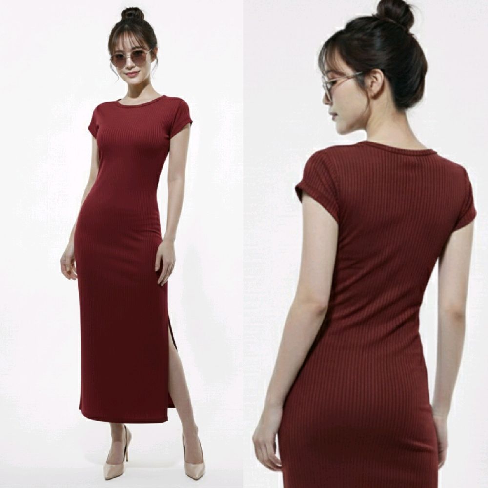 Dress Casual Wanita Slim Fit Pressbody Lengan Pendek Belah Samping Lime