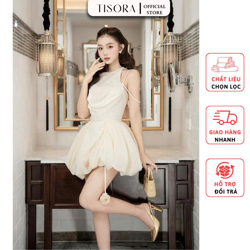 TISORA Đầm váy cổ yếm dáng bí vải ren phối lông