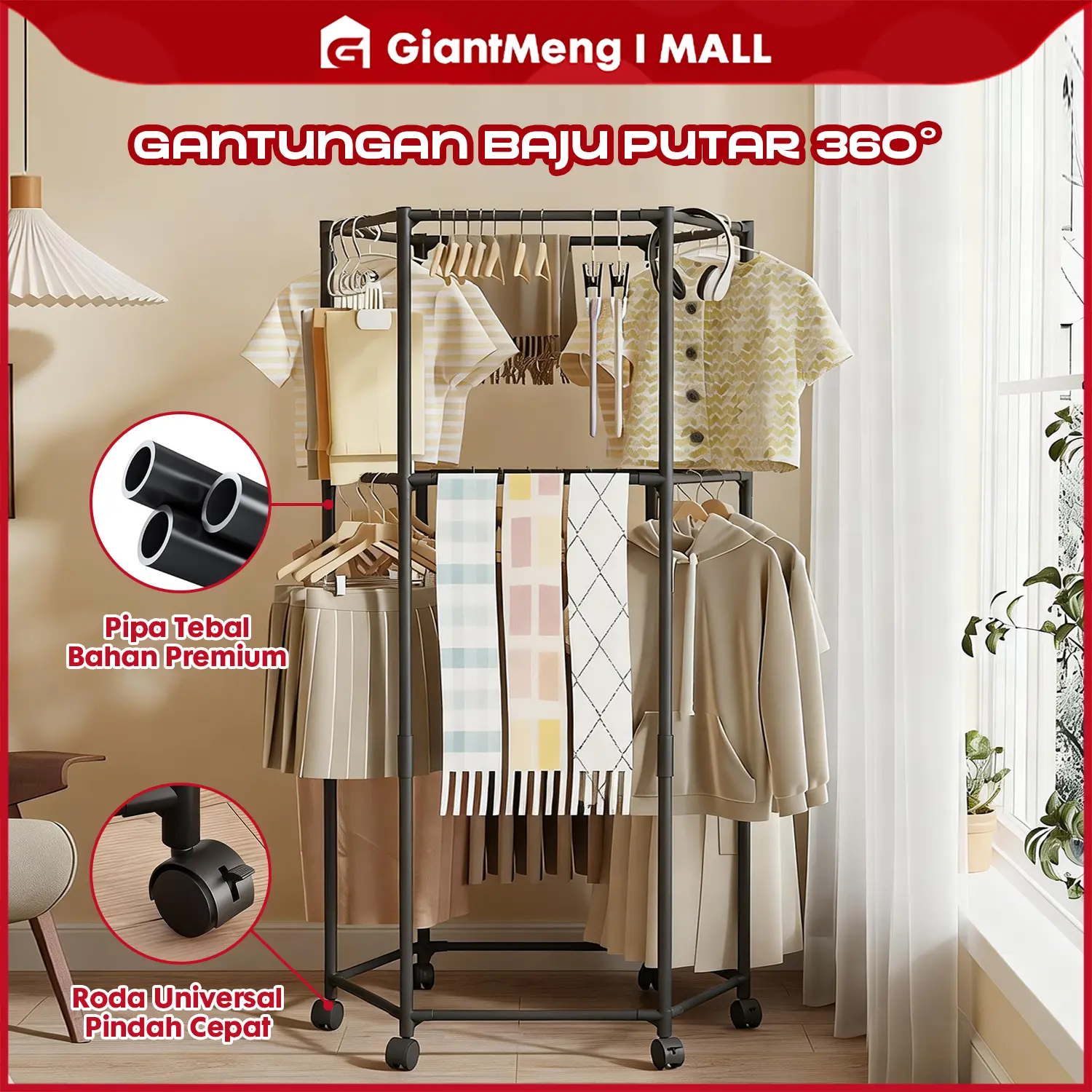 GiantMeng - Rak Gantung Baju 360 Putar | Hanger Pakaian Serbaguna Tanpa Bor Anti Karat