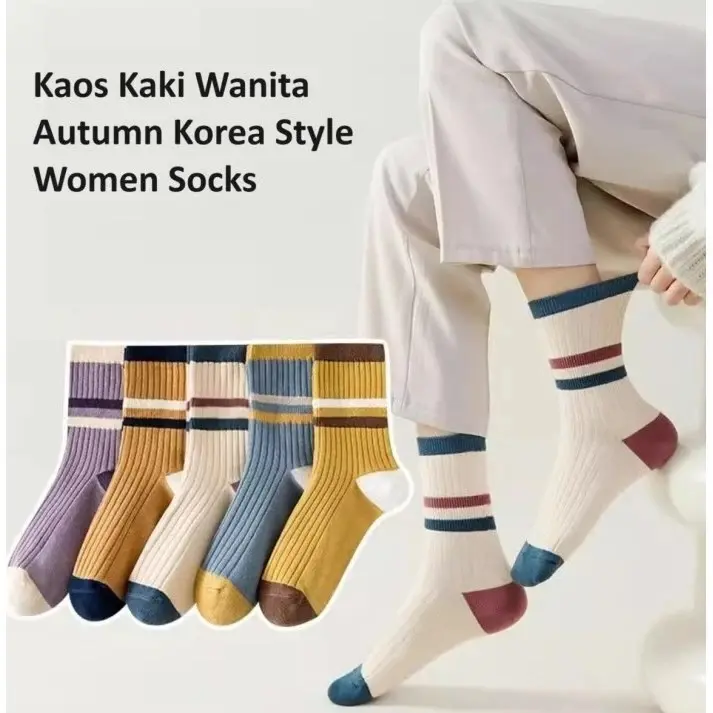￼Kaos Kaki Panjang Garis Wanita Dua Warna Tiga Warna Stripe Korea Japanese Style Bahan Tebal Import Premium Unisex Wanita Pria Bahan Cotton Katun 7