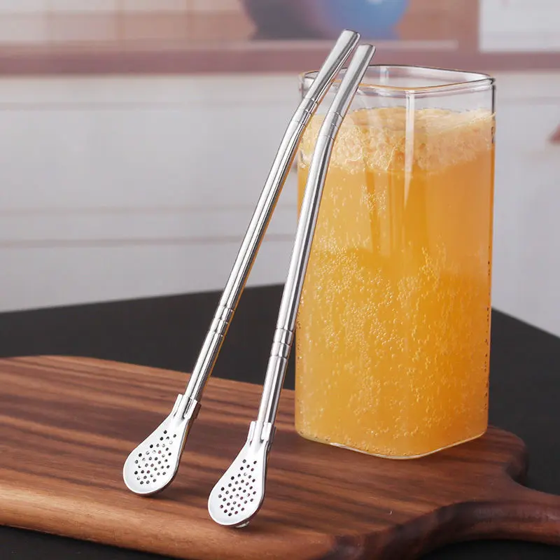 304 stainless steel straw spoon all-in-one creative coffee stirrer spoon juice milk tea filter straw