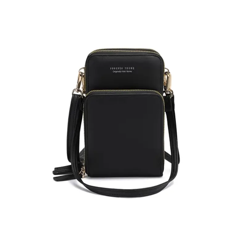 Forever Young - Tas Selempang Wanita Multifungsi Dengan 3 Resleting Untuk Hp, Makeup, Dan Dompet Bahan Kulit PU Hitam Pink 1