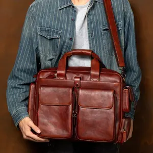 RIMAN Tas Kerja Pria Kulit Asli - Tas Tangan Antik Kapasitas Besar