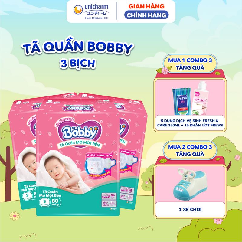 [Mua 1099k tặng ghế] [LS] Combo 3 Tã/bỉm quần Mở Một Bên Bobby - Tiện Lợi, Dễ Mặc - Size NB 70+6/S 80/M 62 Miếng