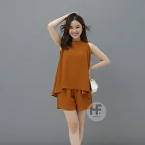 Viona One Set Home Wear 2 in 1 Casual Airflow Crinkle Atasan & Celana Wanita Basic Piyama