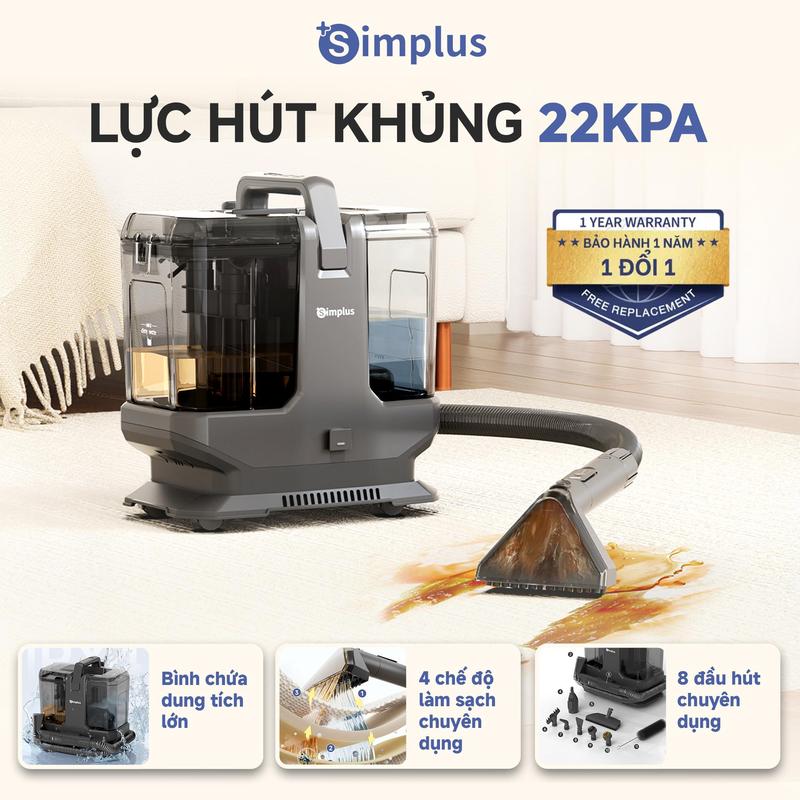 SimplusHome Máy giặt vải Simplus, Hơi nước nhiệt độ cao 110℃, Chức năng nước nóng 70℃, Lực hút mạnh 22,000Pa, Bình nước sạch dung tích 2.3L, Bình chứa nước bẩn 1.4L, Sofa, Đệm, Thảm trải sàn BYJH003,Bảo Hành 1 Năm không sửa chỉ đổi