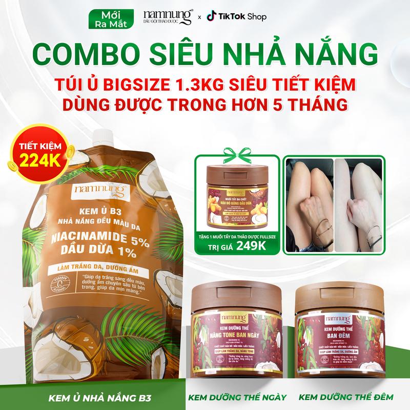 [Mua 1 tặng 1] Combo siêu nhả nắng dưỡng da Body NamNung : Kem dưỡng thể ngày đậu đỏ 300gr, Kem dưỡng thể đêm đậu đỏ 300gr và Kem ủ Niacinamide 1,3kg TẶNG 01 muối tẩy tế bào da thảo dượċ fullsize