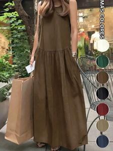 Vestido maxi largo casual para mujer, sin mangas, cuello redondo y ajuste holgado, estilo retro minimalista para primavera y verano, perfecto para citas en la playa y para maestros/as