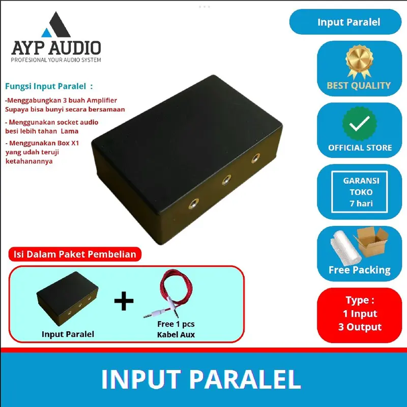 input paralel (1 input 3 output ), free kabel aux 1 pcs tancap ke Handphone 0