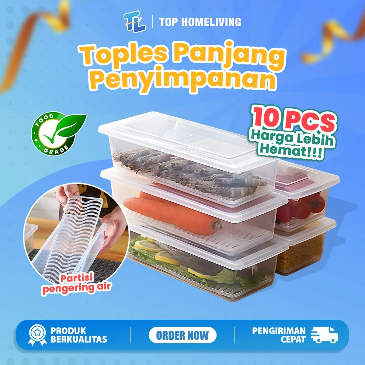 Set 10PCS Toples Food Grade Wadah Kulkas Transparan untuk Penyimpanan Makanan Sayur/Buah/Ikan Serbaguna - Biru, Kuning