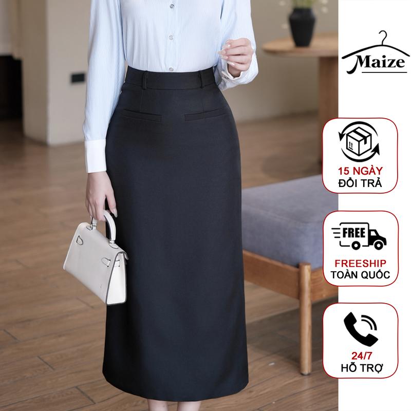 Chân váy nữ công sở dáng suông Maize 2 Lớp Ép Mùng Chống Nhăn Dài 83 cm Xẻ Tà Sau Cạp Cao Ôm Eo Hack dáng