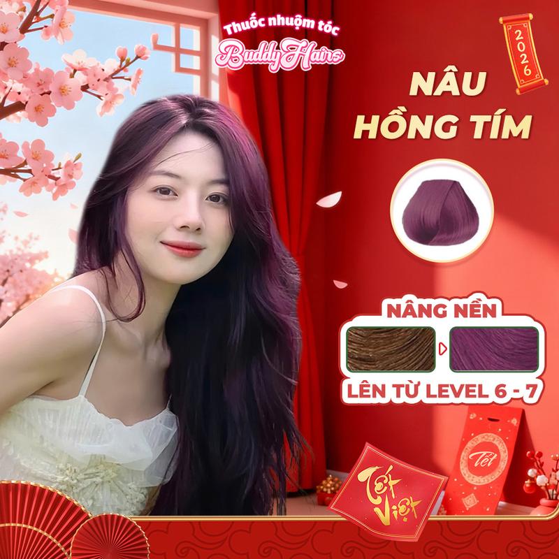 Thuốc nhuộm tóc NÂU HỒNG TÍM không dùng Tẩy tóc của Buddyhairs tặng kèm găng tay mũ trùm trợ nhuộm tiện ích