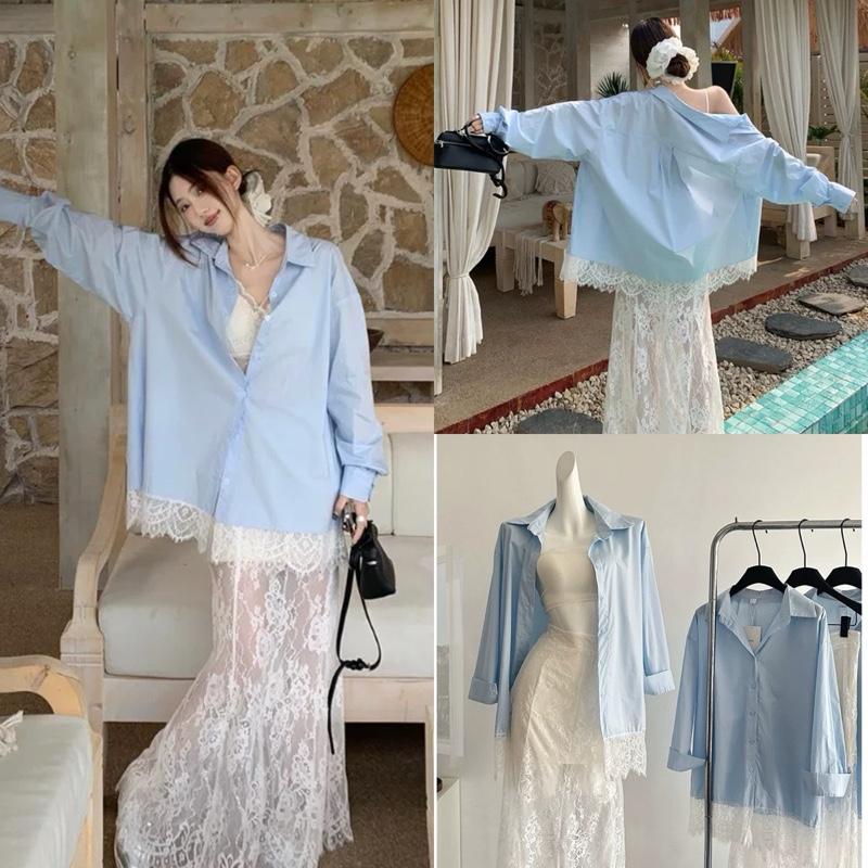  A115 Set Áo Sơ Mi Phối Ren Trắng Chân Váy Ren Dài Xòe Đi Biển  Váy Ren Dáng Dài Xuyên Thấu Vintage  Không kèm áo trong  