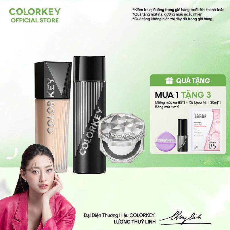 COMBO 3 MÓN - 1 Kem Nền COLORKEY PHIÊN BẢN NÂNG CẤP + 1 Phấn Phủ + 1 Xịt Khóa Nền Cho Lớp Trang Điểm Lì Mỏng Nhẹ, Không Dễ Xỉn Màu