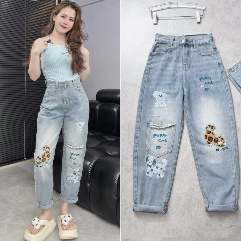 [DÀI 90CM] Quần Baggy Jean Nữ Thêu Thú Chần Bông Lưng Cao Tôn Dáng