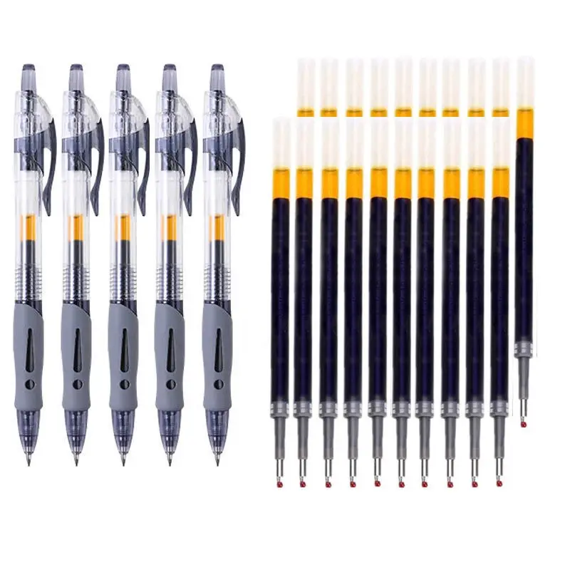 Bộ Bút Và Nạp, 5 Bút, 0.5Mm, Màu Đen / Xanh Dương / Đỏ, Bút Gel Cọ Trung Tính, Thích Hợp Cho Học Sinh Và Văn Phòng, Bút Ký, Đồ Dùng Văn Phòng Phẩm, Có Sẵn Trong 20 / 50 Cái