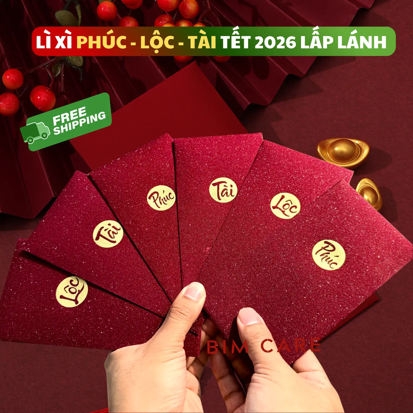 (Phúc - Lộc- Tài)2 Bao lì xì màu đỏ cao cấp chất liệu giấy phủ nhũ lấp lánh Phúc - Lộc - Tài Tết Bính Ngọ 2026 may mắn tài lộc bình an Hottrend sang trọng