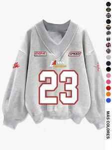 Sudadera de cuello en V con estampado de números para mujer, suéter casual holgado de manga larga para otoño e invierno, ropa de mujer para uso diario